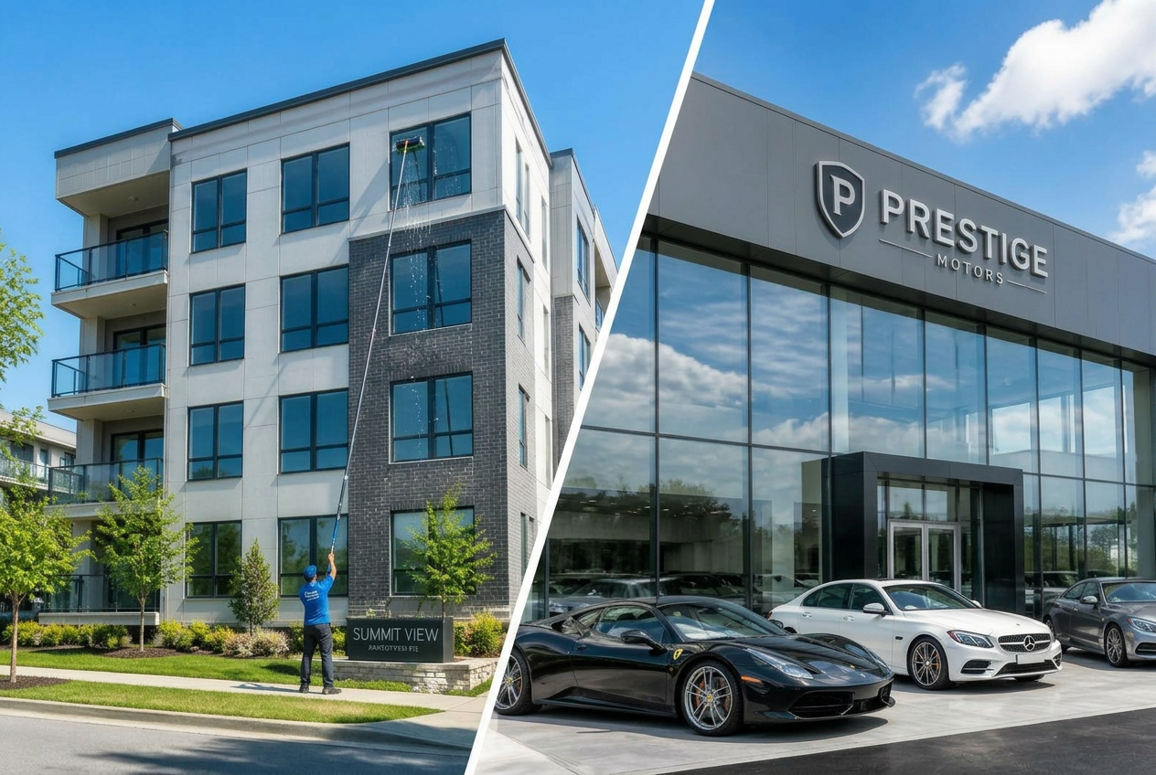 Aqua Pure commercial cleaning — four-story apartment building and car dealership